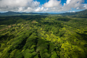 Aerial View of Nature Landscape in Kauai, Hawaii during Warm Summer Weather with Mountains and Clouds