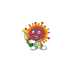 mascot cartoon design of spreading coronavirus with bottle of beer