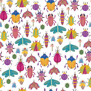 seamless pattern of colorful insects in flat style