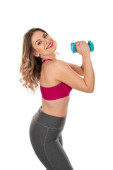 Active woman holding dumbbells on isolated