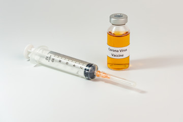 Coronavirus vaccine bottles and syringe injection for COVID-19 prevention