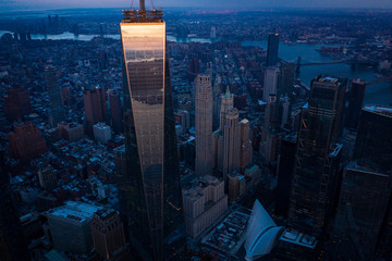 Fototapeta na wymiar Aerial photograph of New York Skyline at Dusk, Manhattan financial District