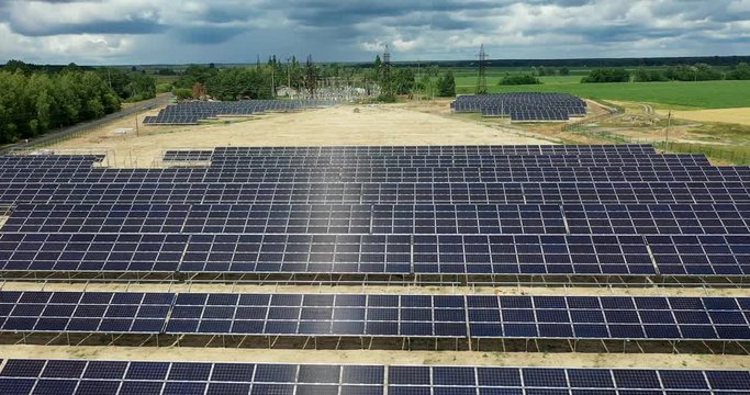 Aerial view of solar plant with bifacial modules. 
