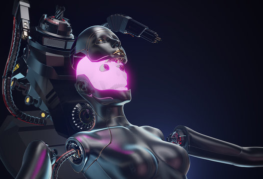 Cybernetic Female Body Assembling From Robotic Parts In Futuristic Scary Environment, 3d Render