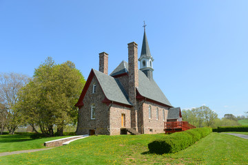 Memorial Church in Grand Pre National Historic Site, Wolfville, Nova Scotia, Canada. Grand-Pré area is a center of Acadian settlement from 1682 to 1755. Now this site is a UNESCO World Heritage Site.