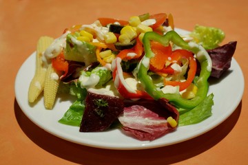 A white plate of salad with assorted vegetables and creamy dressing and an orange table.