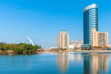 landscape of Tainan canal and skyline of city