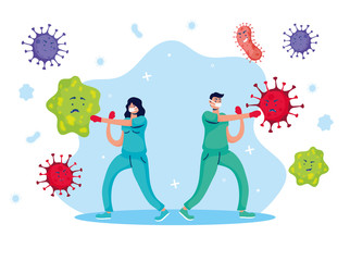 doctors couple fighting virus comic characters