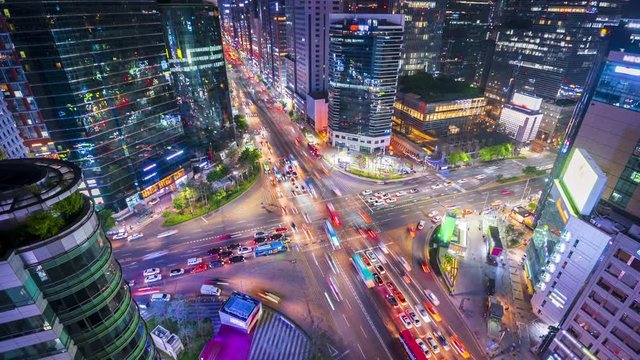 4k Time lapse Traffic of Gangnam City Skyscaper in Seoul,South Korea