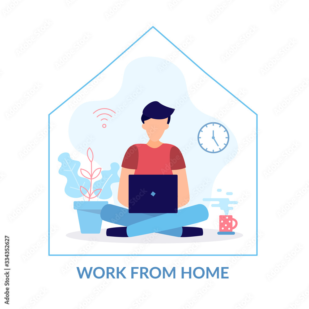 Poster a man with a computer works from home. programming, remote work, freelancing. quarantine to coronovi