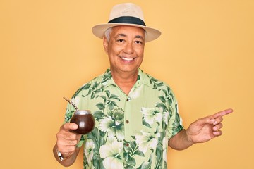 Middle age senior grey-haired man wearing summer hat drinking traditional mate drink very happy...