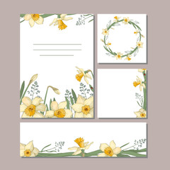 A set of cards with flowers. Daffodils, leaves, and twigs for your summer design.