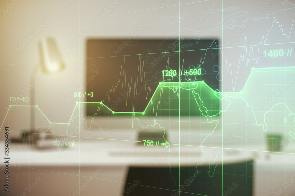 Poster multi exposure of stats data illustration on modern laptop background, computing and analytics conce