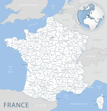 Blue-gray detailed map of France and administrative divisions and location on the globe. Vector illustration