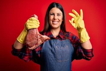 Young butcher woman holding fresh raw beef meat stake over red background doing ok sign with...