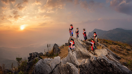 Yao or Mien hill tribe on Landscapes Sunrise twilight sky over high 103 mountains viewpoint at...