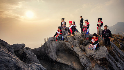 Yao or Mien hill tribe on Landscapes Sunrise twilight sky over high 103 mountains viewpoint at...