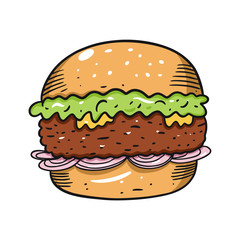 Burger with shredded lettuce and onion. Hand drawn vector illustration in cartoon style. Isolated on white background.