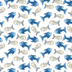 Obraz premium Pattern of blue fish and fish skeleton. Children's watercolor illustration with a black stroke. On white background.