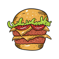 Double Burger with tomato, shredded lettuce and cheese. Hand drawn vector illustration in cartoon style. Isolated on white background.