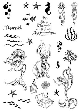 mermaid and under sea life illustration doodle ink drawing motif black and white sticker vector set with white isolated background 