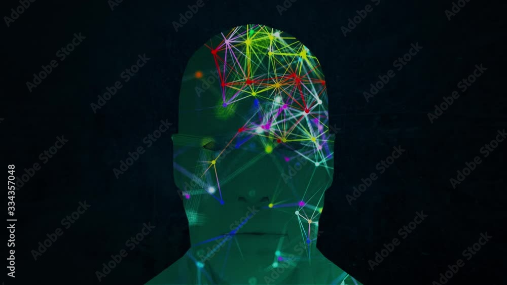 Poster abstract face and connection dots inside. technology background. network concept, 3d rendering