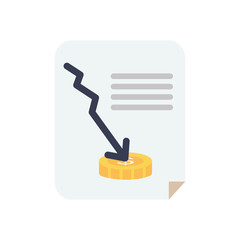 stock market crash concept, financial document with descending arrow and coin icon, flat style