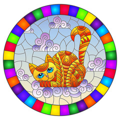 Obraz na płótnie Canvas Stained glass illustration with cartoon red cat on the background of the sky and clouds, oval image in bright frame