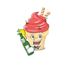 Cherry ice cream with bottle of beer mascot cartoon style
