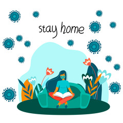 Woman works online at home, illustration. Social distance and self-isolation during quarantine of the corona virus