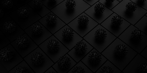 3d render. Black geometric background depicting a coronavirus. A lot of black modern and fashionable virus. Concept pattern, medicine, fashion, modern