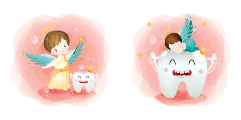 Fairies and happy teeth cute cartoon teeth.oral dental hygiene, deciduous teeth, children's dentistry concept. EPS10