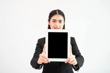 Asian businesswoman holding tablet present isolated on white background