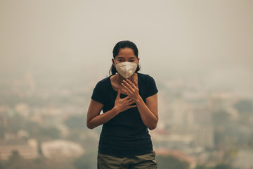 woman wearing a mask vent the outbreak of the virus concept for environmental pollution and health,medical.Insurance for your healthcare,disease,dust,smoke,dirt in the city