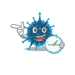Cheerful moordecovirus cartoon character style with clock