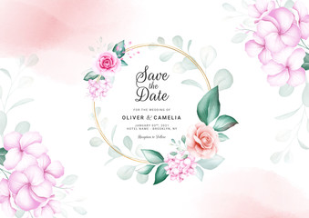 Horizontal wedding invitation card template with watercolor floral frame and border. Flowers decoration for save the date, greeting, thank you, poster, cover. Botanic illustration vector