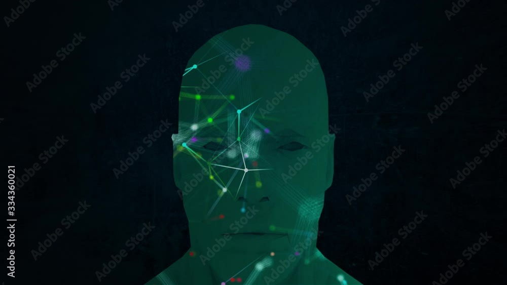 Poster abstract face and connection dots inside. technology background. network concept, 3d rendering
