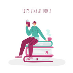 girl reading book and resting at home, student read and study, home activities for people in covid-19 quarantine time, literature fan concept, modern flat cartoon character - vector illustration