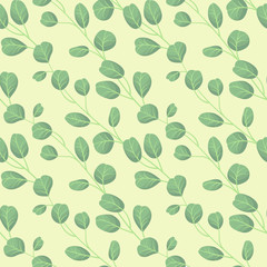 Vector seamless pattern with diagonal eucalyptus twigs; natural design for fabric, wallpaper, textile, web design.