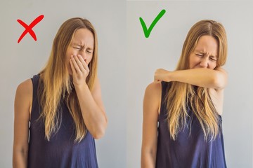 Comparison between wrong and right way to sneeze to prevent virus infection. Caucasian woman...