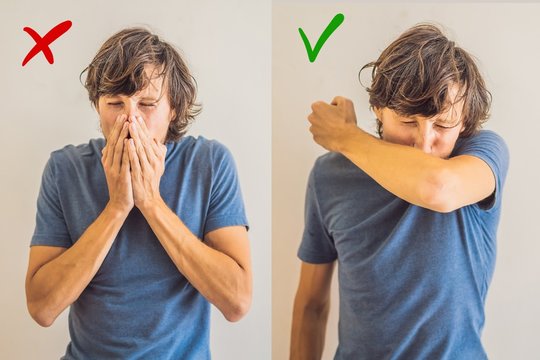 Comparison between wrong and right way to sneeze to prevent virus infection. Caucasian woman sneezing, coughing into her arm or elbow to prevent spread Covid-19,Coronavirus