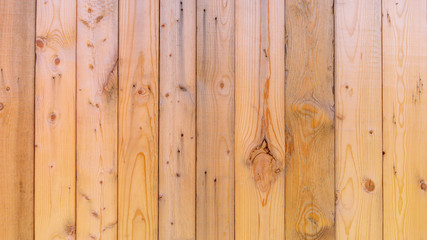 Plain fresh recycled wood background in panels, showing wood grain and nuts, with imperfections.  Copy space and slightly blurred background, with a rustic style. Wood has not been weathered. - obrazy, fototapety, plakaty