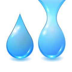 Set vector blue extended water drops isolated on white background. Falling clean teardrop. 3D realistic illustration.