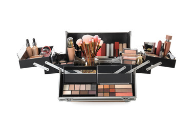 Case of professional makeup artist with decorative cosmetics on white background