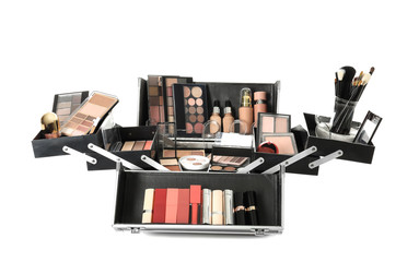 Case of professional makeup artist with decorative cosmetics on white background