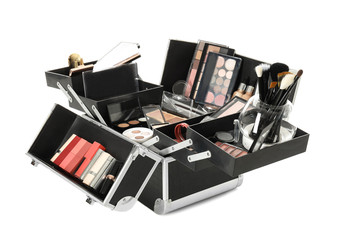 Case of professional makeup artist with decorative cosmetics on white background