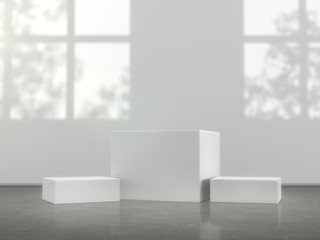 White pedestal for display,Platform for design,Blank product stand in Empty room with window and tree shadow on the wall .3D rendering.