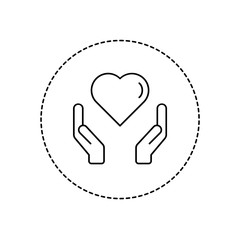 Hands holding heart line icon in a circle. Love and care symbol. Charity or solidarity concept on white background. Heart in hands sign outline. Health care. Vector illustration, flat style, clip art