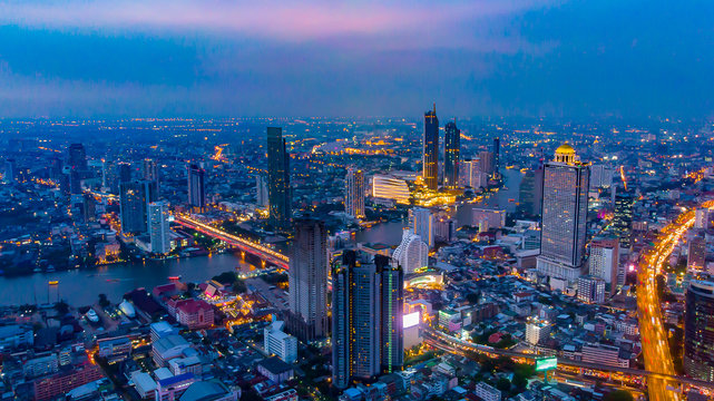 Cityscape view Twilight Sunset Through Town of Bangkok city It is a modern capital. Thailand