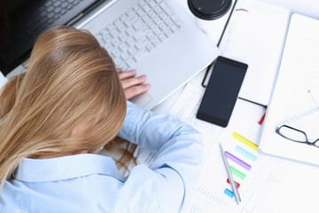 Tired businesswoman at workspace in office take nap. Sleepy white collar idle lazy student study...